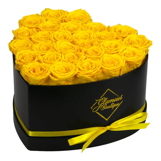 LoveBox London – 27 Yellow Forever Roses in Heart Box, Arrives in 3 Days