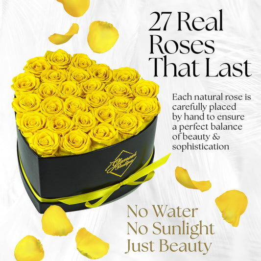 LoveBox London – 27 Yellow Forever Roses in Heart Box, Arrives in 3 Days